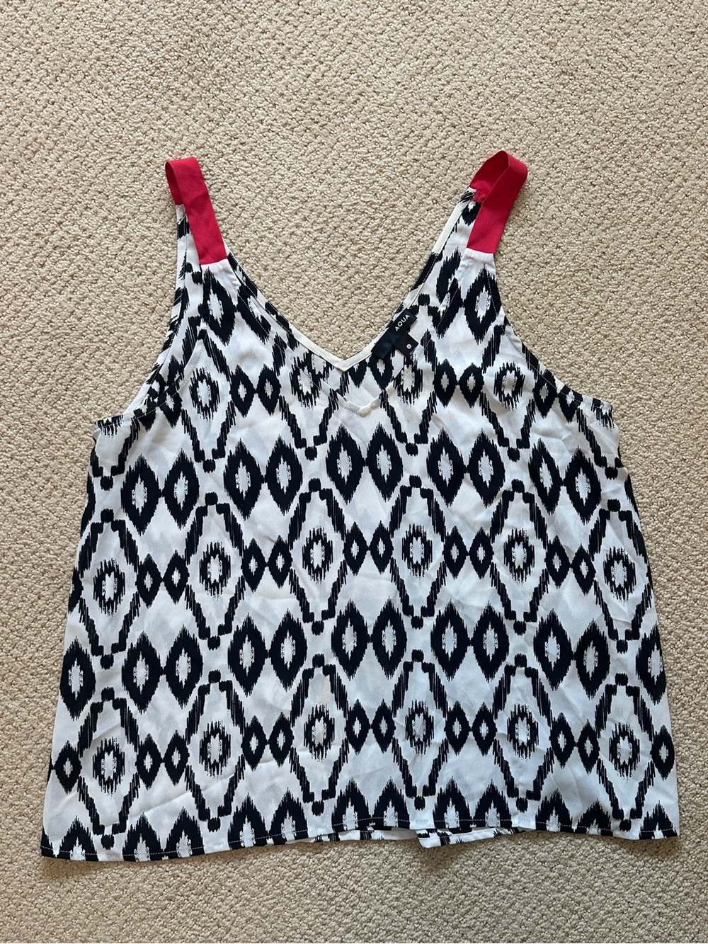Aqua Black & White Ikat Print Tank with Red Straps Size L
